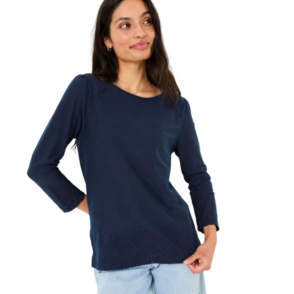 NWT FatFace Navy Blue Embroidered Floral Hem Long Sleeve Top  US 10